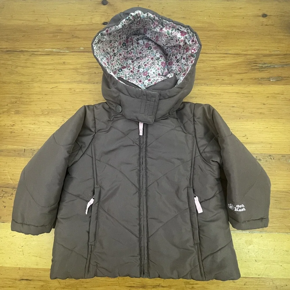 Oshkosh Girls Winter Peacoat Brown/Pink Size 4 Hooded Jacket‎ Removable Hood